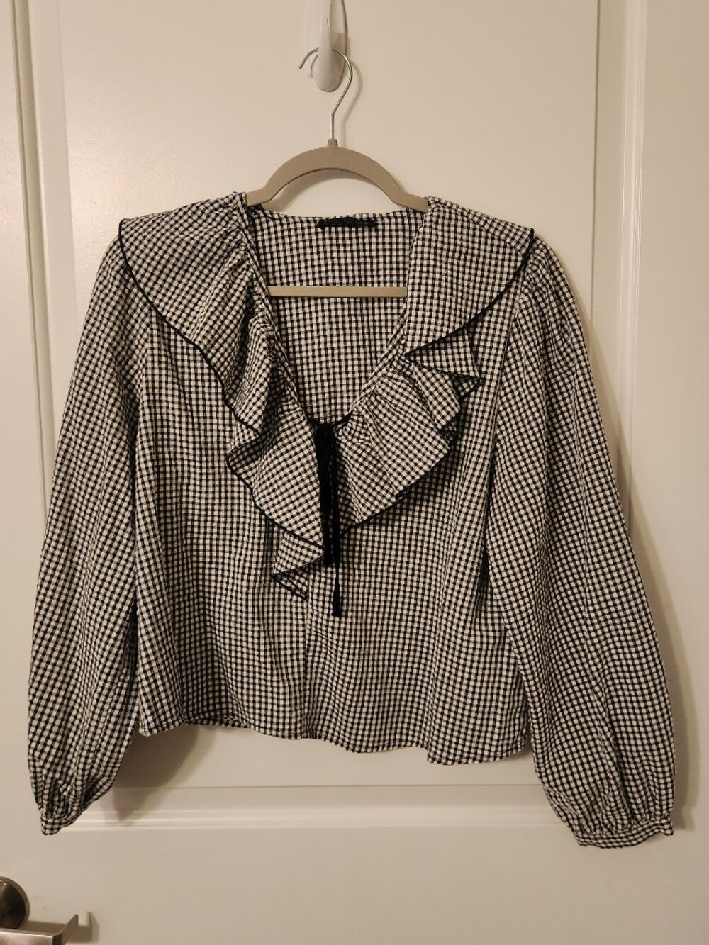 Zara Black and White Gingham Top with Ruffle size Small